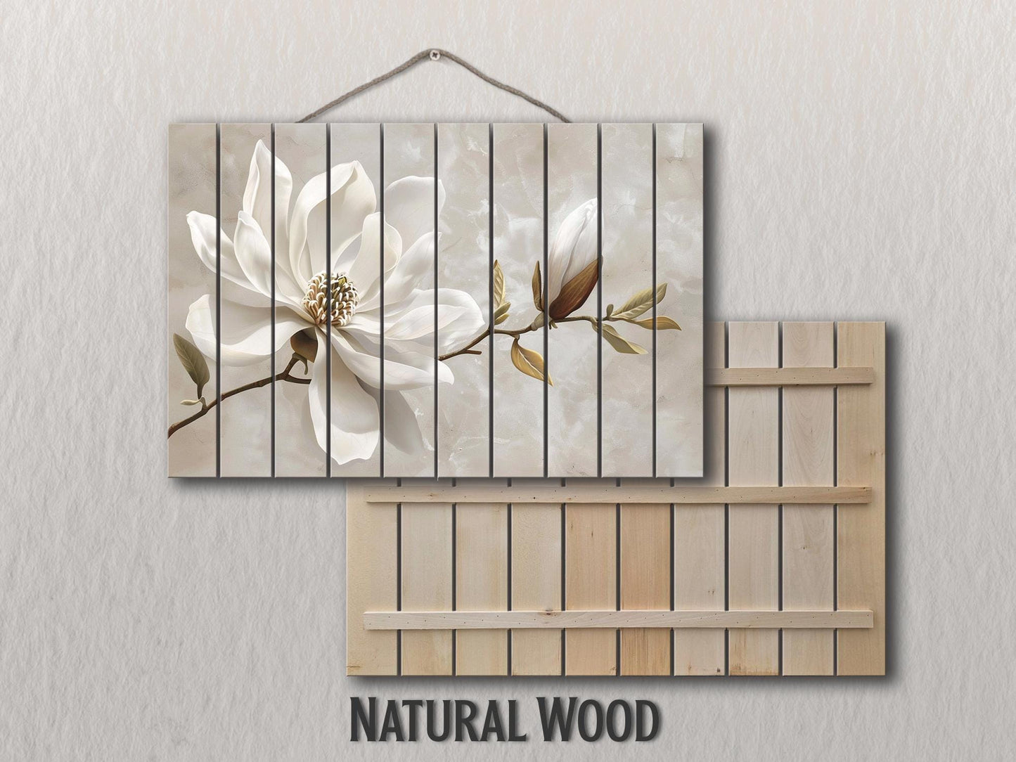 Wood Wall Art – Magnolia Flower Print | Natural Wood Decor, Modern Floral Painting