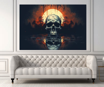 Gothic Wall Art – Skull Canvas Print with Full Moon | Vintage Gothic Painting, Ready to Hang