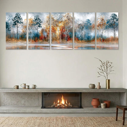 a cozy living room with a fireplace, a shelf with decorative items, and a large wall art display depicting a serene landscape with trees and a lake.