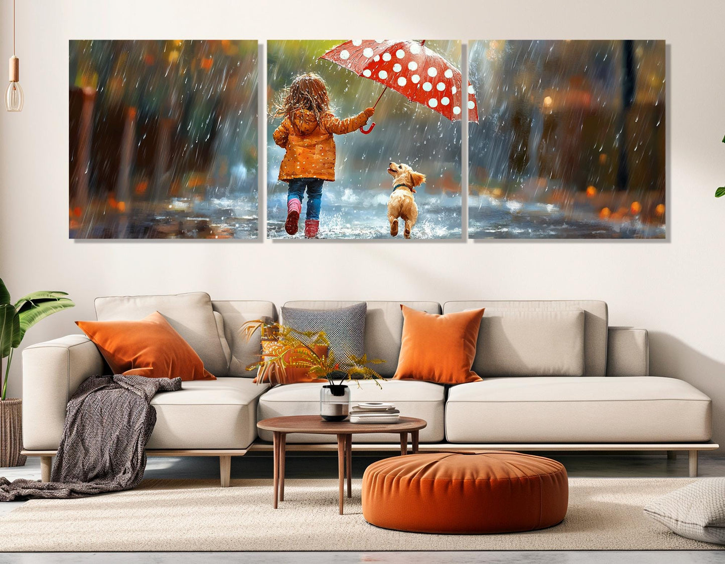 Puppy Canvas Print – Framed Cotton Wall Art | Little Girl Puppy Under Rain Painting