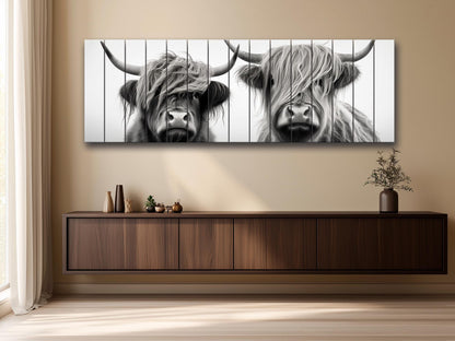 Highland Cows Wall Art - Rustic Wood Wall Decor with Romantic Cow Painting on Natural Wood