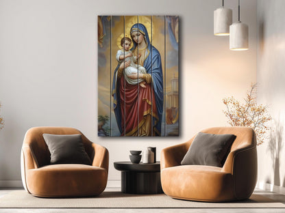 Virgin Mary Wall Art – Natural Wood Plank Art | Christian Wall Decor Print