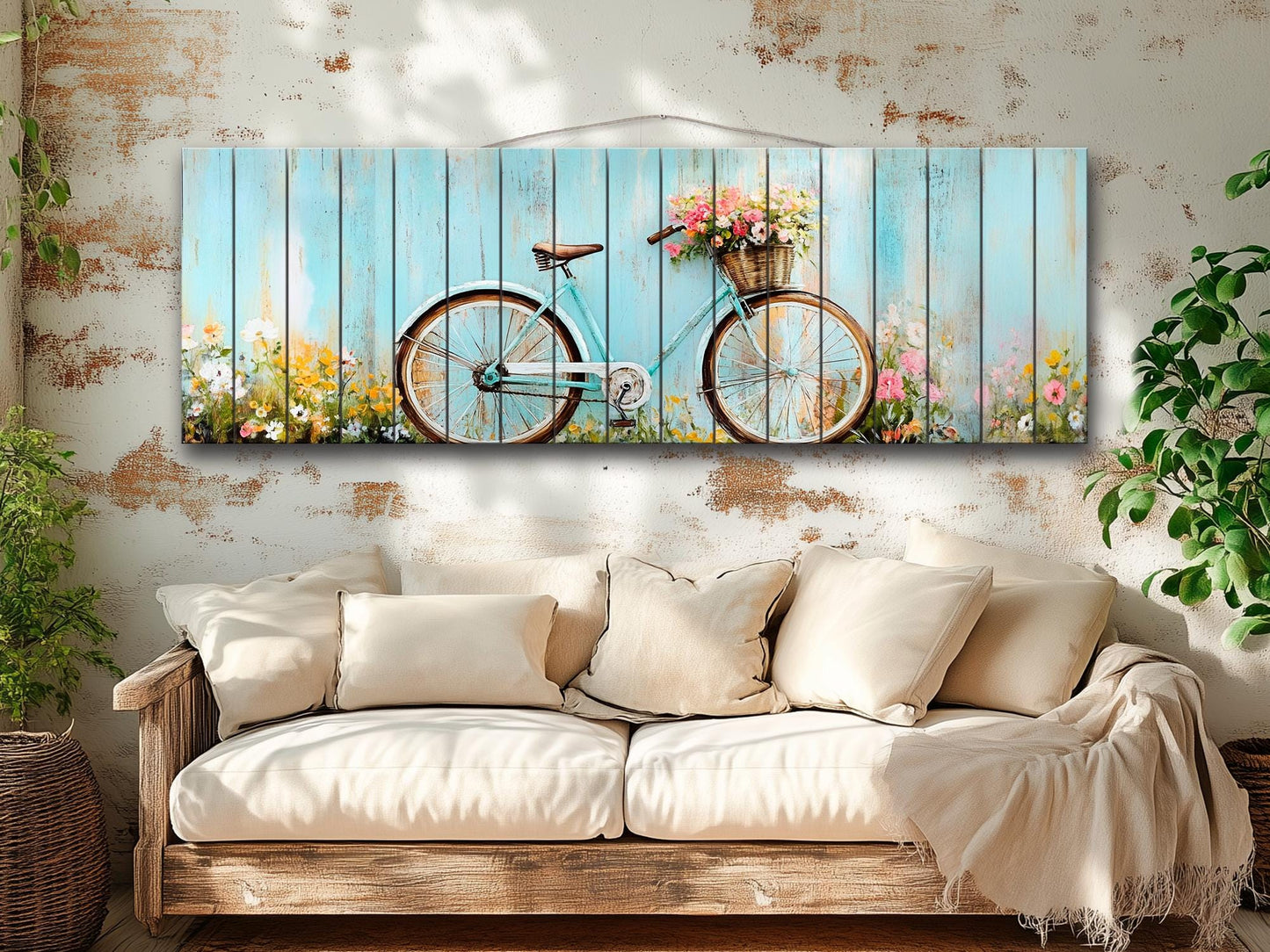 Vintage Bicycle Wall Art – Rustic Floral Print on Natural Wood Plank Art