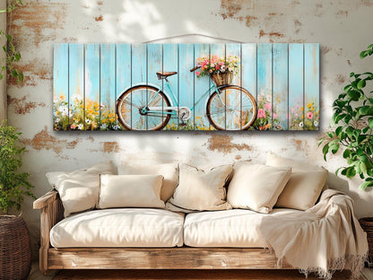Vintage Bicycle Wall Art – Rustic Floral Print on Natural Wood Plank Art