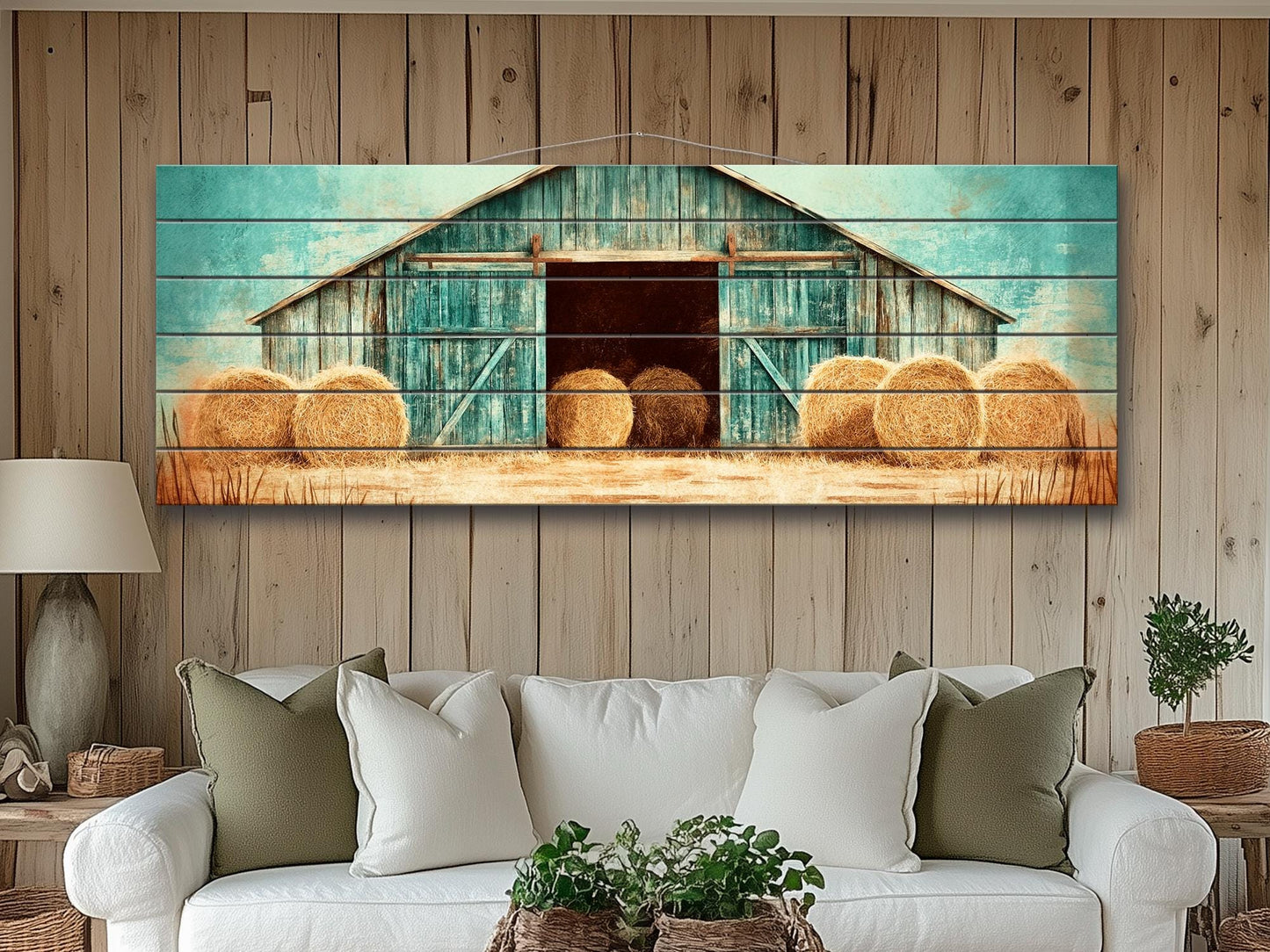 Rustic Barn Wall Art – Handcrafted Wood Plank Print with Hay Bales for Cozy Farmhouse Decor