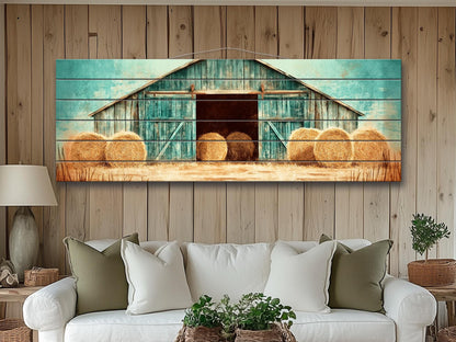 Rustic Barn Wall Art – Handcrafted Wood Plank Print with Hay Bales for Cozy Farmhouse Decor