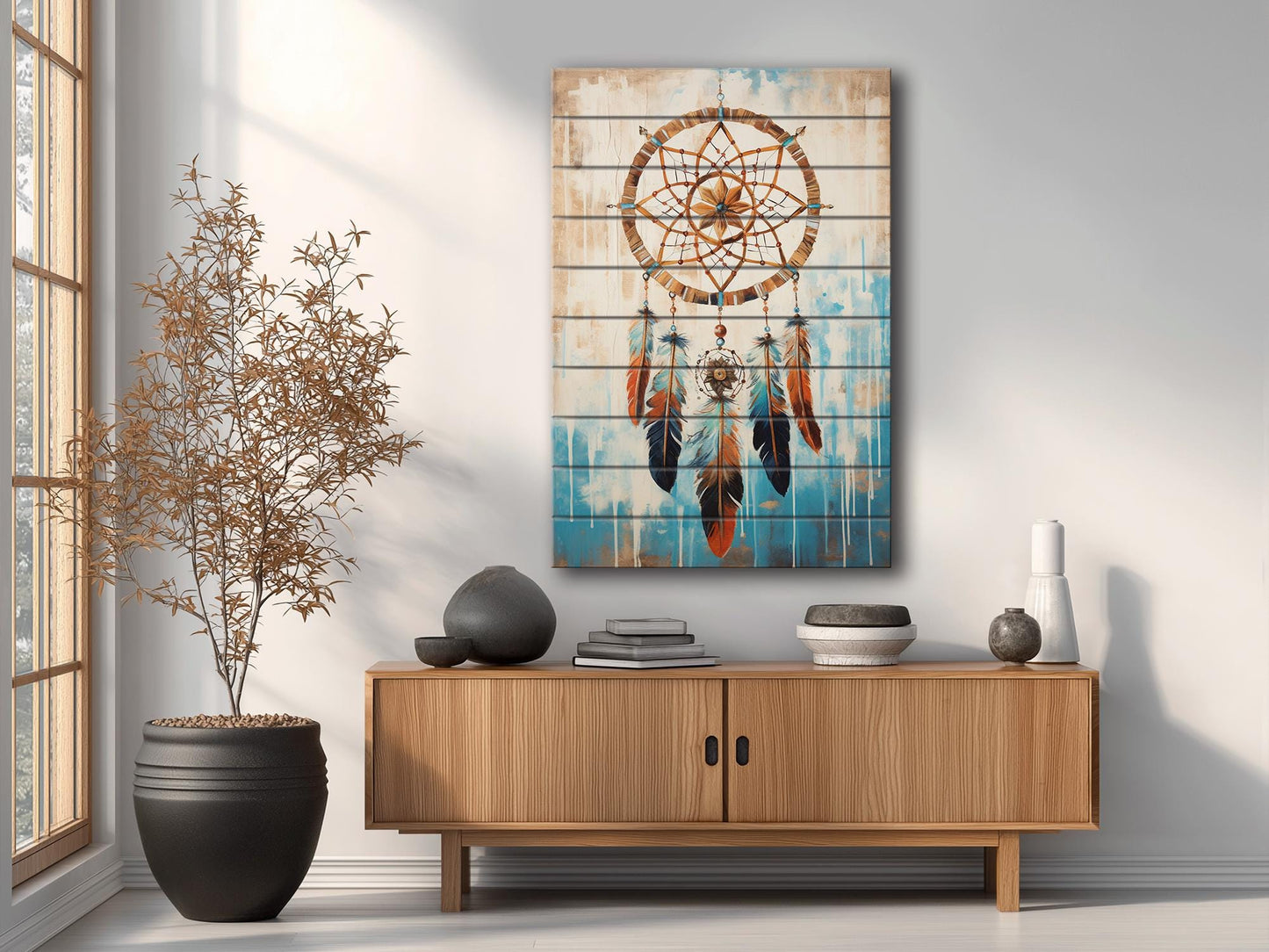 Dreamcatcher Wood Art – Native American Boho Wood Print on Natural Plank