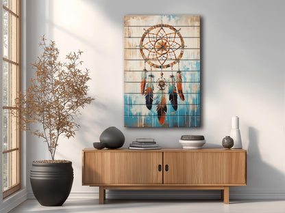 Dreamcatcher Wood Art – Native American Boho Wood Print on Natural Plank