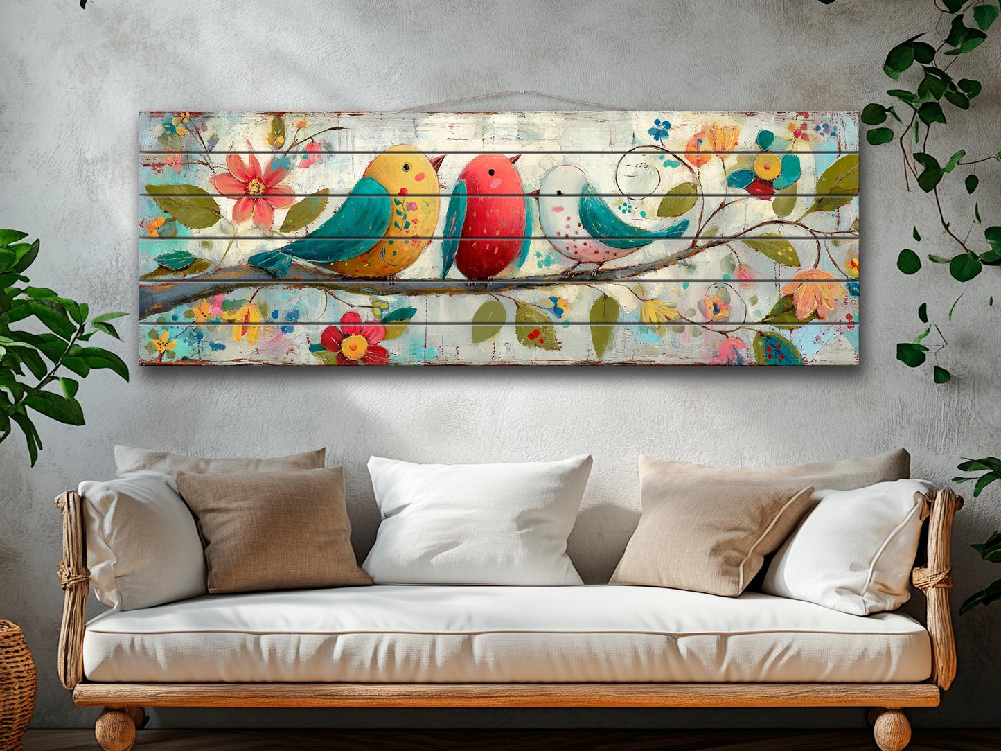 Wood Wall Art - Trio of Birds Print on Natural Wood Plank | Rustic Folk Art Decor