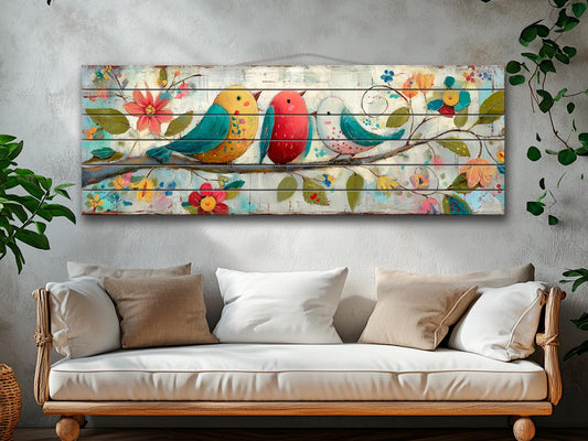 Wood Wall Art - Trio of Birds Print on Natural Wood Plank | Rustic Folk Art Decor