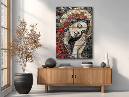 Saint Maria Wood Art – Mosaic Religious Wall Decor on Natural Wood Planks