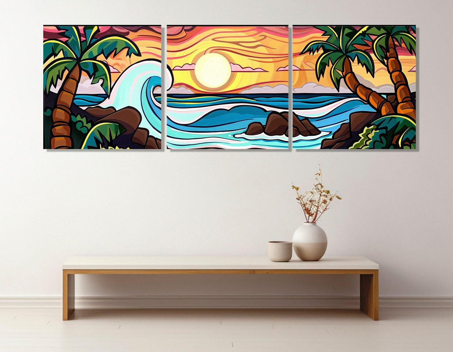 Abstract Tropical Canvas Art, Sea and Palms Painting Canvas Print, Tropical Painting, Abstract Tropical Landscape, Framed and Ready to Hang