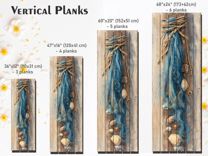 Wood Wall Art - Seashell Print – Nautical Coastal Decor – Fishing Net Beach Print on Natural Wood