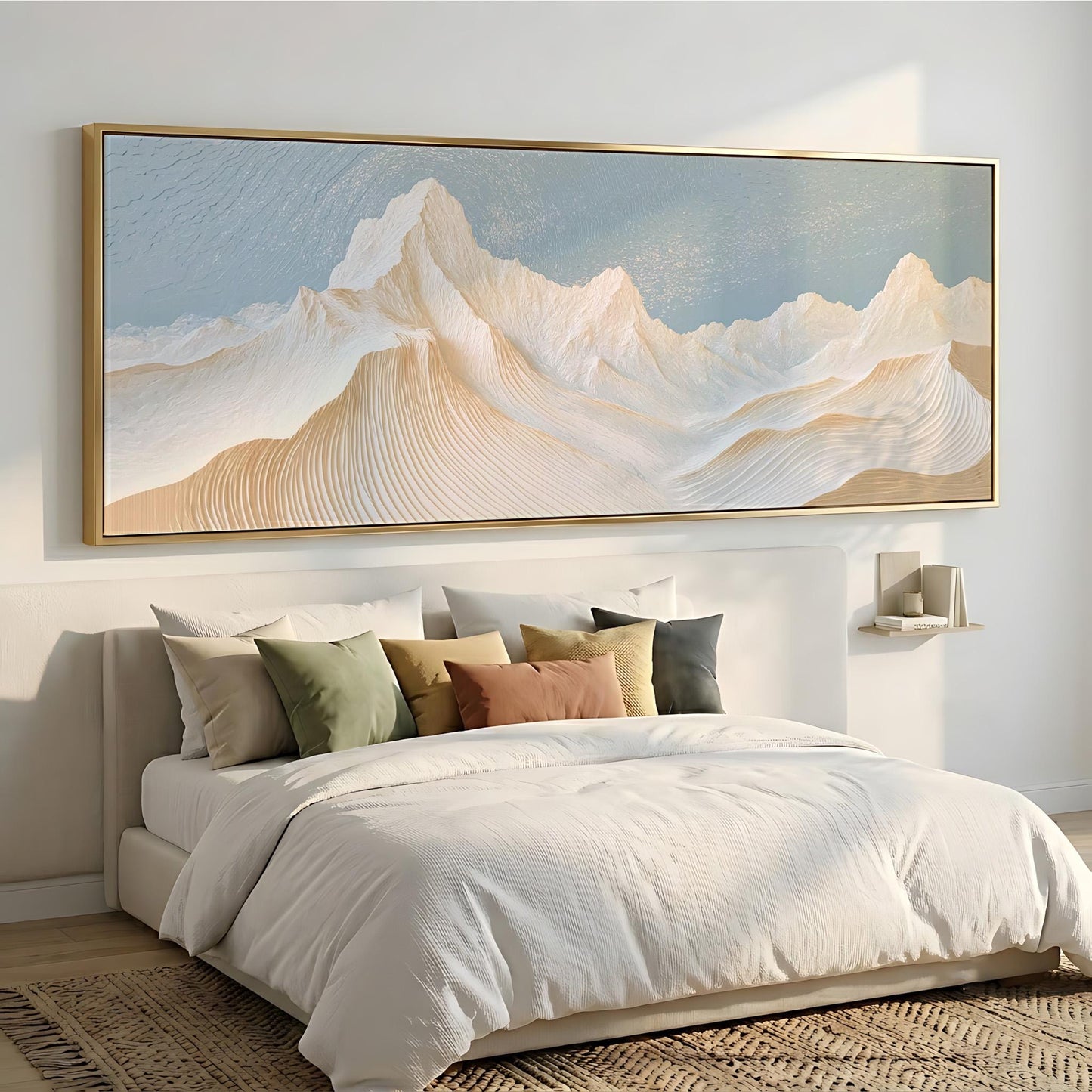 a large, white bed with a white comforter and pillows, set against a wall with a large, framed painting depicting a mountain landscape.