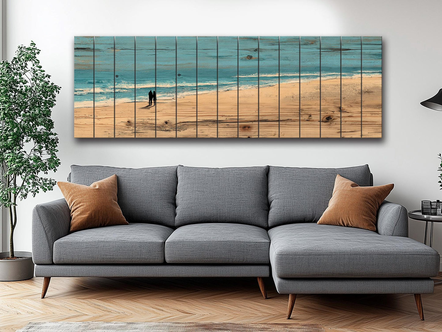 Coastal Wall Art – Wooden Coastal Print of Couple Walking on Beach House Decor
