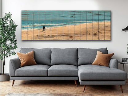 Coastal Wall Art – Wooden Coastal Print of Couple Walking on Beach House Decor