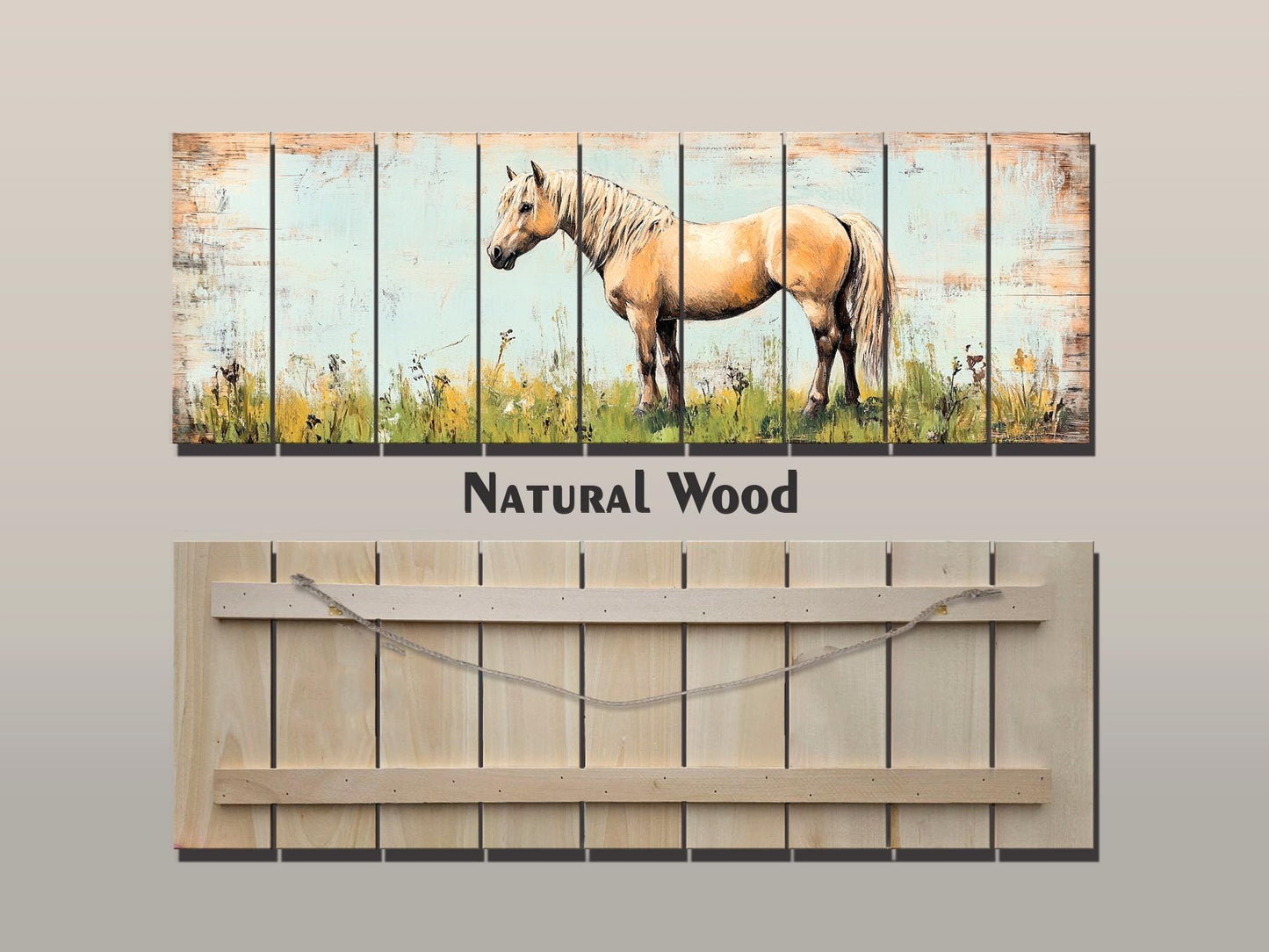 Rustic Wood Wall Art - Pony in a Grassy Field Print on Natural Wood, Horse Painting, Horses Wall Art, Pony Poster, Farmhouse Wall Decor