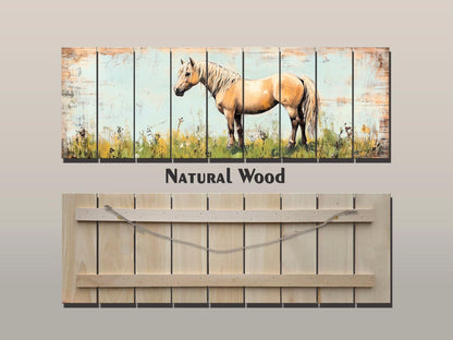 Rustic Wood Wall Art - Pony in a Grassy Field Print on Natural Wood, Horse Painting, Horses Wall Art, Pony Poster, Farmhouse Wall Decor