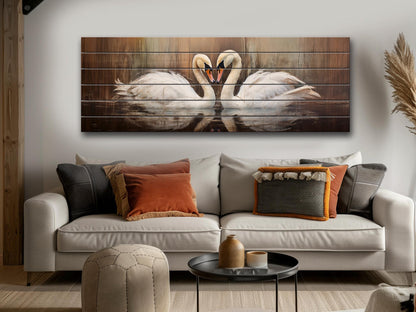 Rustic Swans Couple Forming a Heart Print on Natural Wood, Romantic Wall Art, Rustic Swans Painting, Swans Wall Art, Wood Wall Art