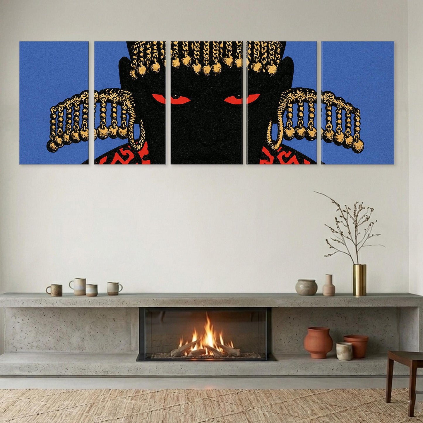 a modern living room with a fireplace, a wooden shelf, and a large abstract painting depicting a black figure with a red headdress and gold accents.