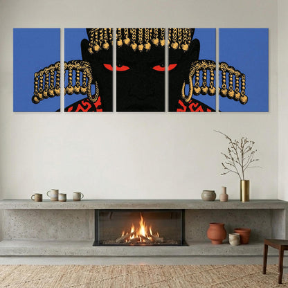 a modern living room with a fireplace, a wooden shelf, and a large abstract painting depicting a black figure with a red headdress and gold accents.