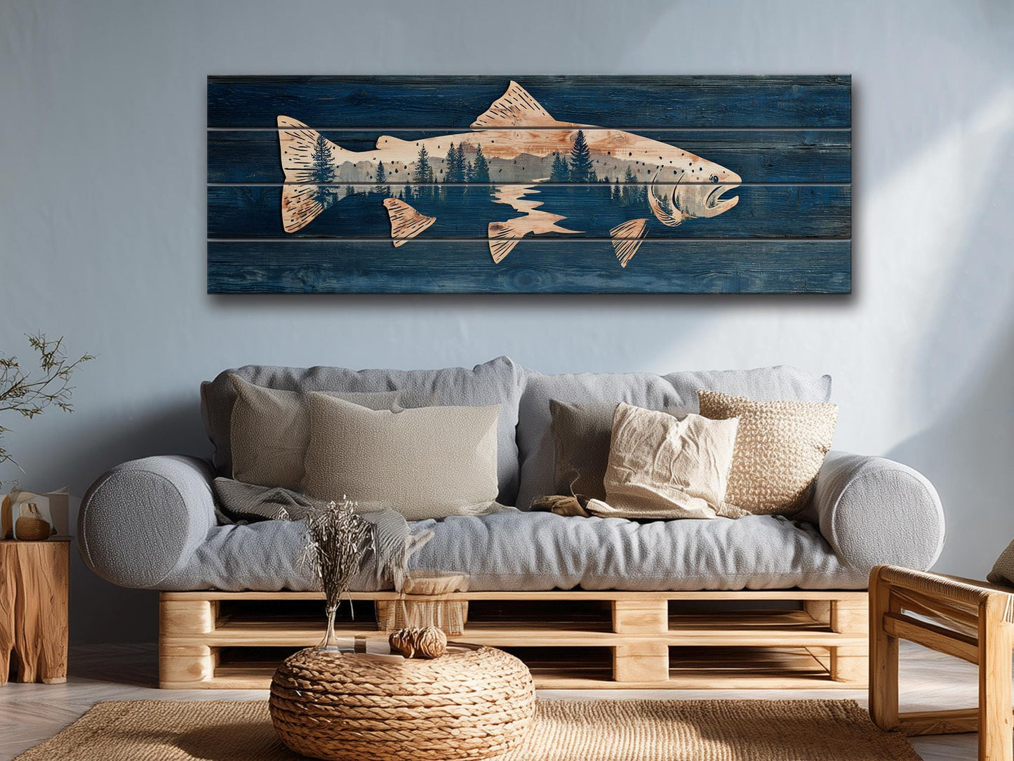 Trout Silhouette with Pine Forest Print on Wood, Rustic Fishing Wall Art