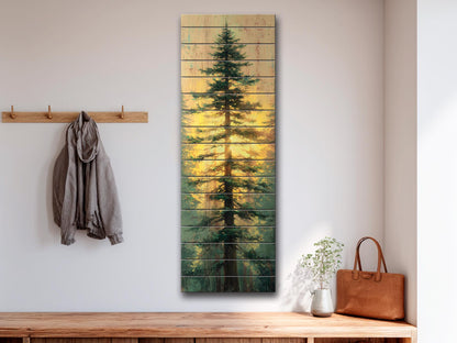Tall Pine Tree with Golden Sunlight Print on Natural Wood, Cabin Wall Decor, Cozy Lodge Decor, Vertical Pine Tree Painting, Wood Wall Art