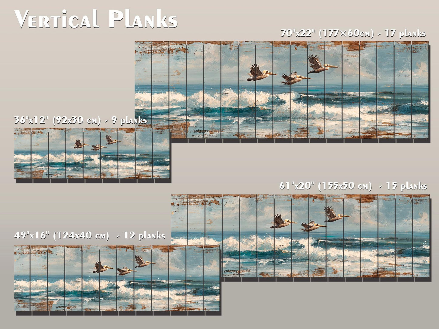 Pelicans Print Wood - Coastal Wall Art With Ocean Waves Painting & Sky Reflection