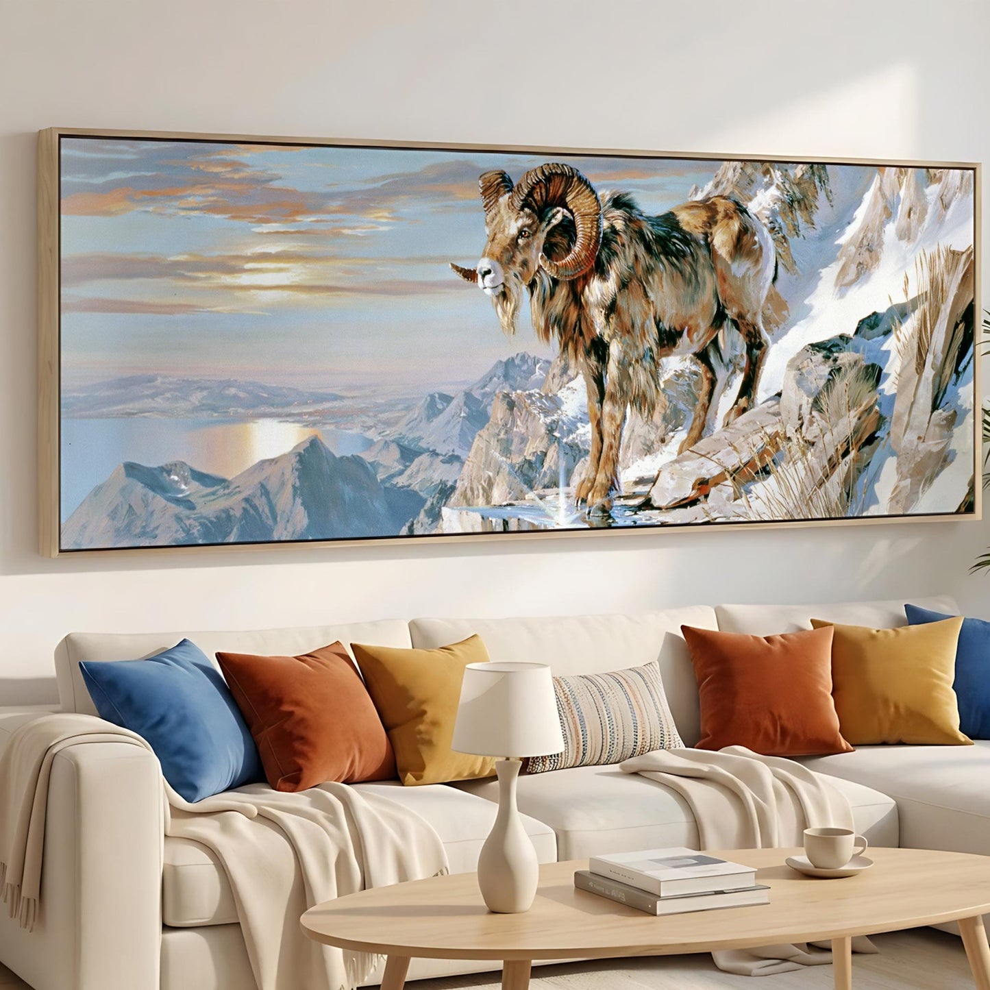 a large painting of a ram standing on a snowy mountain, mounted on a wall above a white couch with colorful throw pillows.