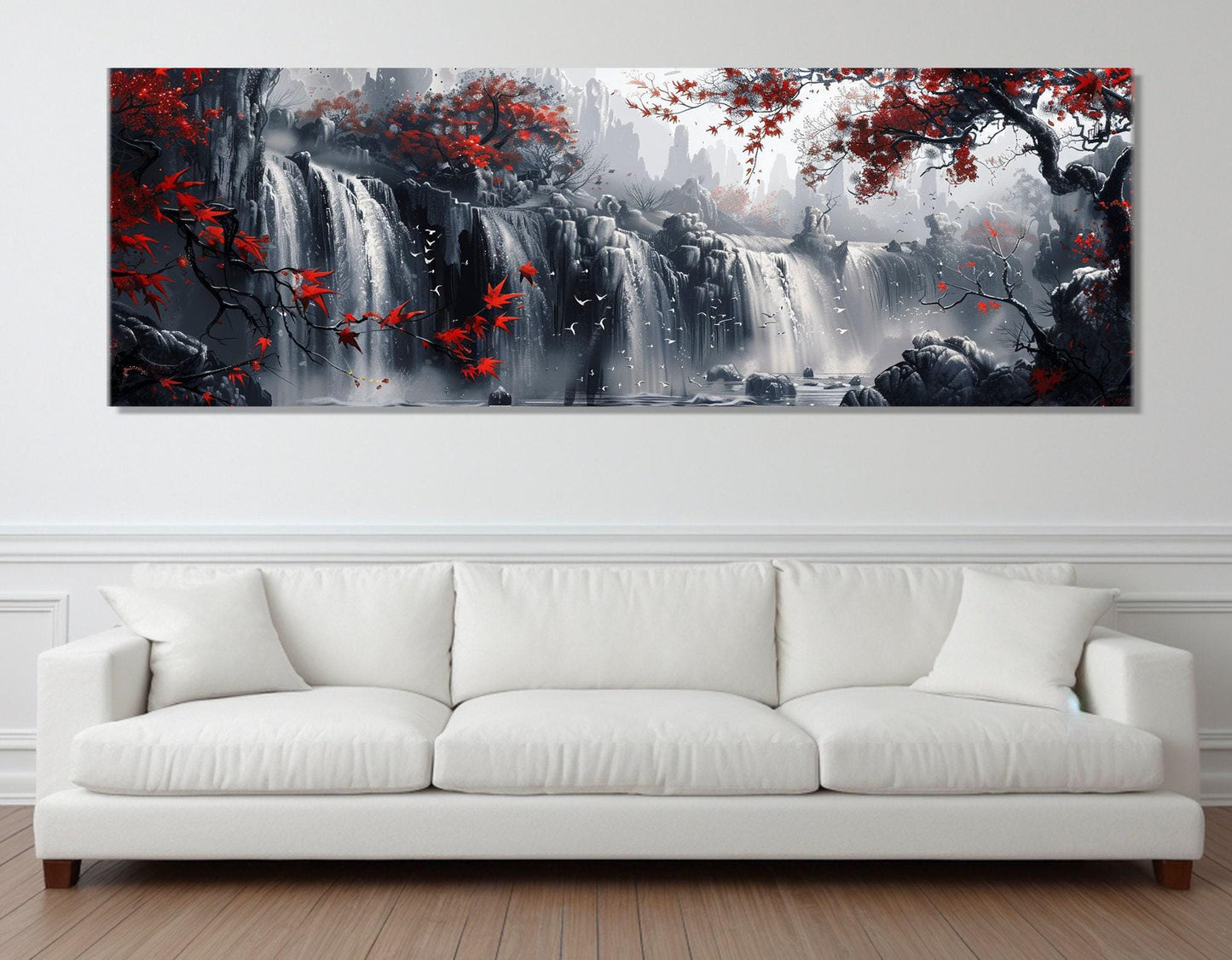 Waterfall Canvas Print – Large Scenic Wall Art With Red Trees, Framed & Ready to Hang