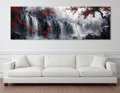 Waterfall Canvas Print – Large Scenic Wall Art With Red Trees, Framed & Ready to Hang