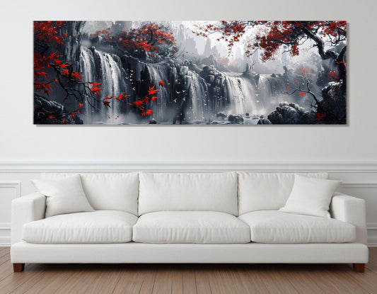 Waterfall Canvas Print – Large Scenic Wall Art With Red Trees, Framed & Ready to Hang
