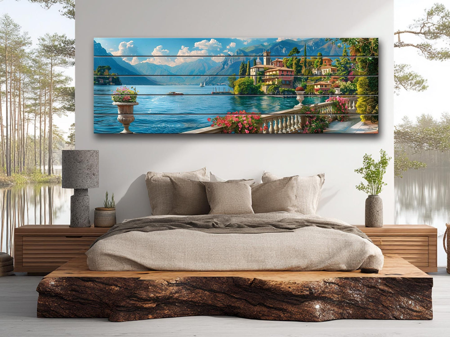 Lake Como Wood Art - Natural Wood Print Landscape Wall Decor on Planks