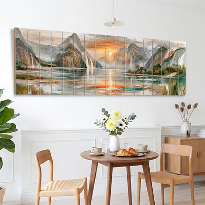 a large, colorful painting of a scenic landscape hanging on a wall above a wooden dining table with two chairs. The painting depicts a serene mountain lake surrounded by lush greenery and a vibrant sunset sky.