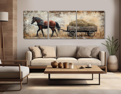 Horse Canvas Print – Brown Horse Pulling Wooden Cart | Rustic Wall Decor Framed Canvas
