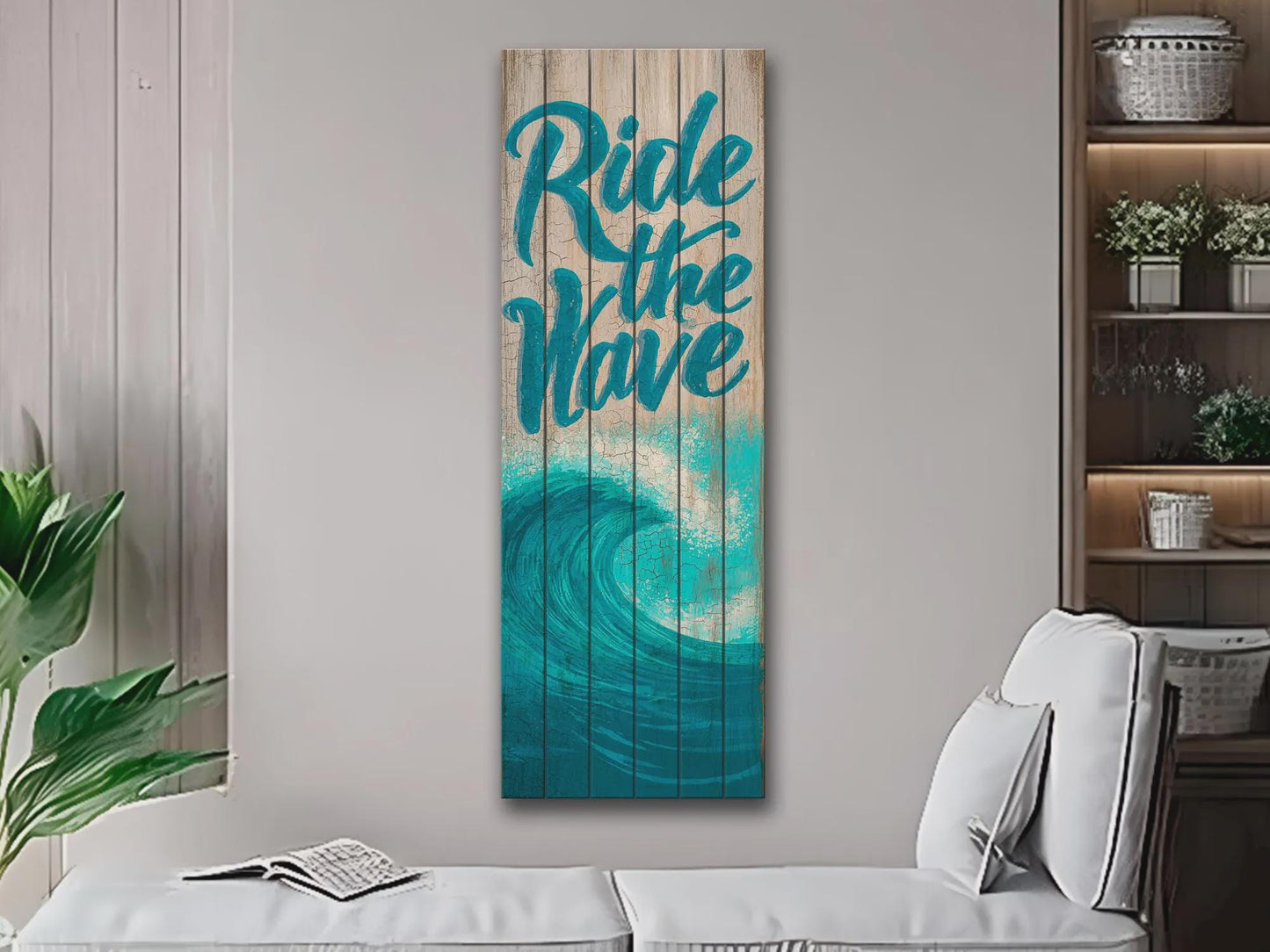 Coastal Wood Wall Art – Ride The Wave Print On Natural Wood Planks – Surfing Wall Decor
