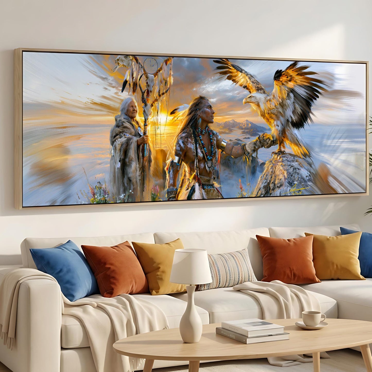 a large, colorful painting of Native American figures, including a Native American woman and a Native American eagle, displayed on a wall above a couch in a living room setting.