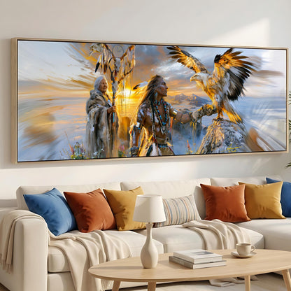 a large, colorful painting of Native American figures, including a Native American woman and a Native American eagle, displayed on a wall above a couch in a living room setting.