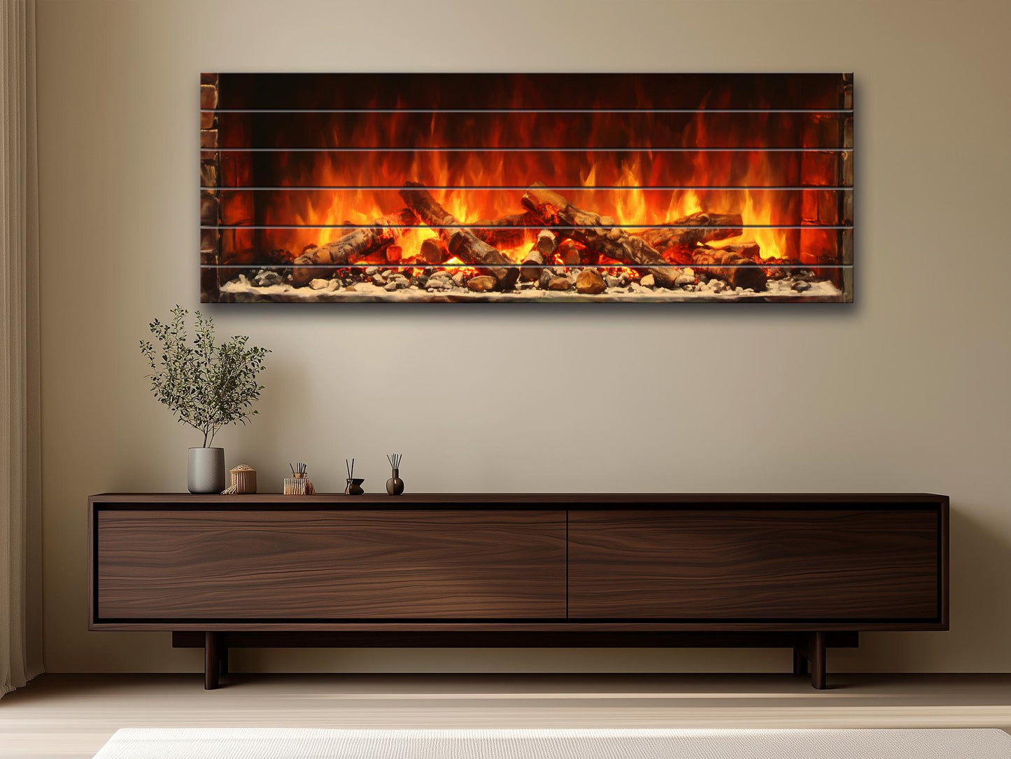 Fireplace Print on Natural Wood – Rustic Wall Art Home Decor