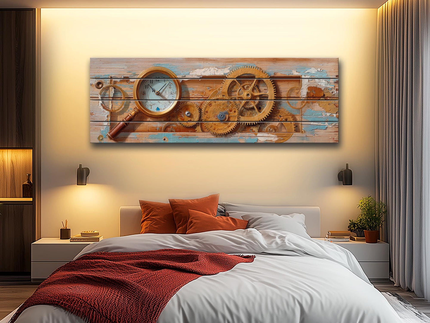 Rustic Steampunk Wall Art – Clockmaker Wood Print With Gears & Magnifier on Wood