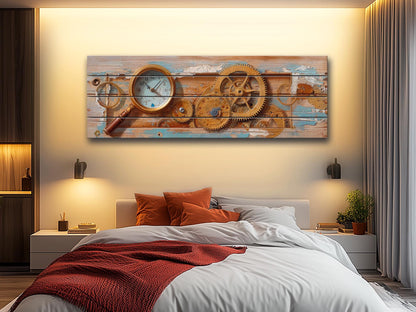 Rustic Steampunk Wall Art – Clockmaker Wood Print With Gears & Magnifier on Wood