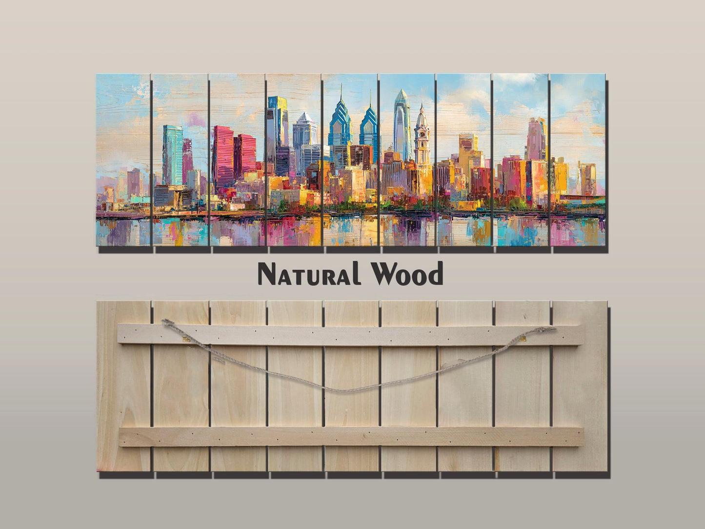 Philadelphia Skyline with Liberty Bell Wood Print – Rustic Wall Art, Bright City Painting on Distressed Wood, Farmhouse Wall Decor