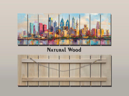 Philadelphia Skyline with Liberty Bell Wood Print – Rustic Wall Art, Bright City Painting on Distressed Wood, Farmhouse Wall Decor