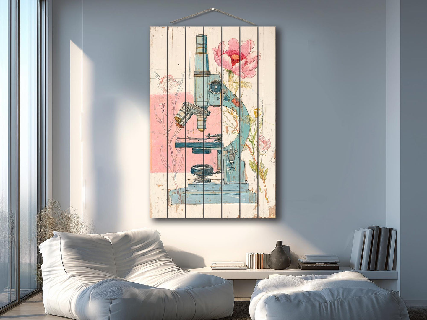 Rustic Wood Wall Art – Floral Microscope Print | Science Wall Decor On Wood Panel