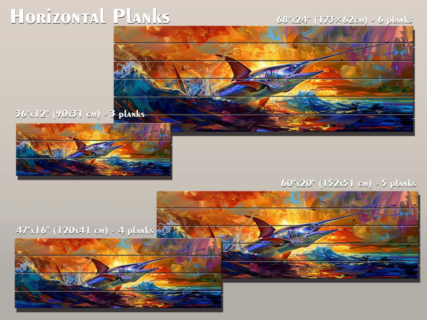 Fishing Wall Art – Colorful Marlin Print on Natural Wood Artwork with UV Fade Resistant Print