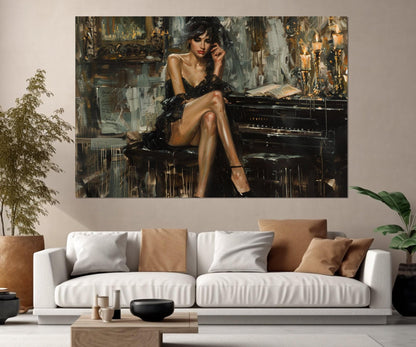 Boldini Style Canvas - Sexy Woman Piano Painting, Framed Ready to Hang