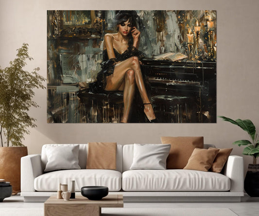 Boldini Style Canvas - Sexy Woman Piano Painting, Framed Ready to Hang