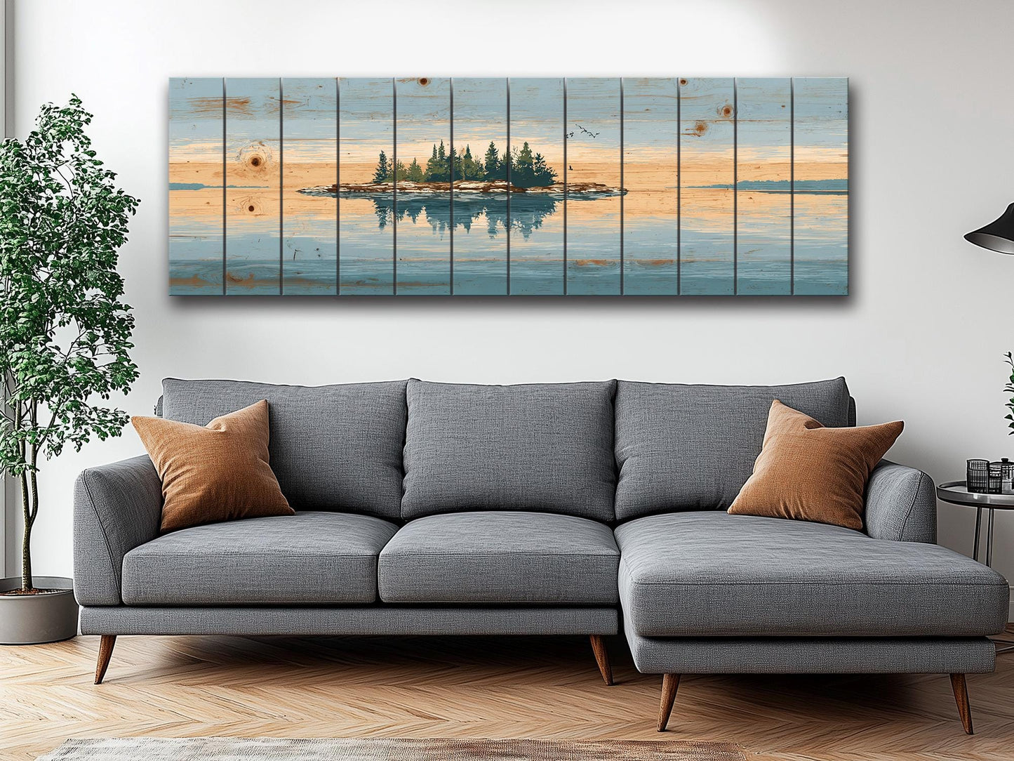 Lake Island Wood Art – Rustic Wood Wall Art with Serene Lake Landscape