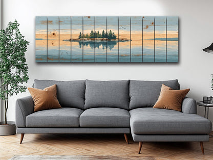 Lake Island Wood Art – Rustic Wood Wall Art with Serene Lake Landscape