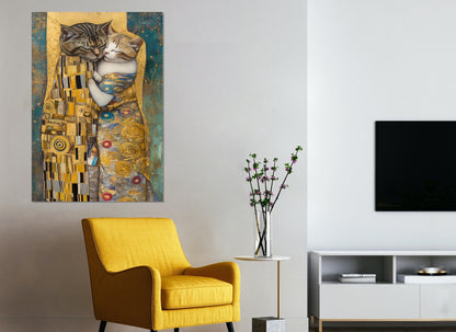 Cats Kiss Canvas Print - Gustav Klimt Style Romantic Cat Painting, Framed Art